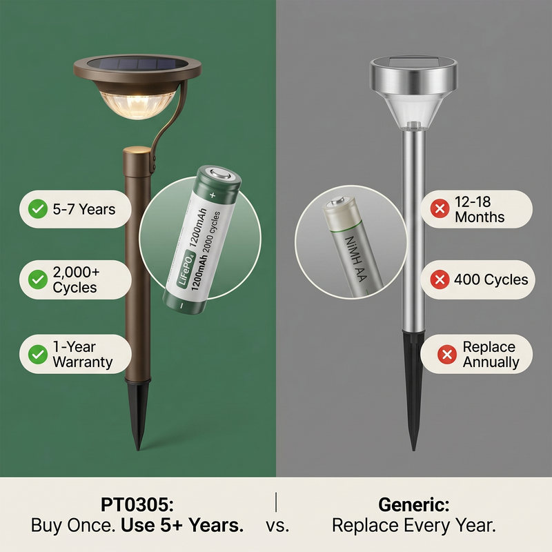 Side-by-side comparison: PT0305 solar light with LiFePO₄ battery (left) vs. generic NiMH model (right), highlighting “5-7 Years / 2,000+ Cycles / 2-Year Warranty” versus “12-18 Months / 400 Cycles / Replace Annually” — positioning the product as a long-term, cost-effective investment over disposable alternatives.