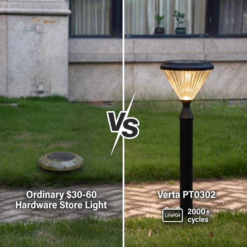 A split-screen comparison of two outdoor solar pathway lights. The left side shows an ordinary round solar ground light on a lawn with a stone path, labeled 'Ordinary $30-60 Hardware Store Light'.