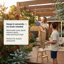Side-by-side comparison of Haiku PT0901 at 3000K warm white, 4000K natural white, and 6000K cool white — showing color temperature effects on outdoor dining setup with text noting one-touch switch and stepless dimming.