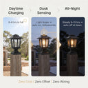 Three-panel infographic: Daytime Charging (6–8hrs), Dusk Sensing (auto-on), All-Night Glow (8–10hrs) — illustrating zero-effort solar operation with text “Zero Cost | Zero Effort | Zero Wiring” for effortless garden lighting.