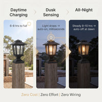 Three-panel infographic: Daytime Charging (6–8hrs), Dusk Sensing (auto-on), All-Night Glow (8–10hrs) — illustrating zero-effort solar operation with text “Zero Cost | Zero Effort | Zero Wiring” for effortless garden lighting.