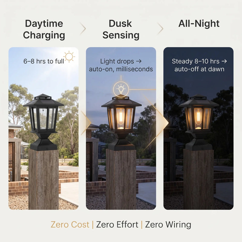 Three-panel infographic: Daytime Charging (6–8hrs), Dusk Sensing (auto-on), All-Night Glow (8–10hrs) — illustrating zero-effort solar operation with text “Zero Cost | Zero Effort | Zero Wiring” for effortless garden lighting.