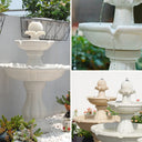 Collage of white stone fountains in various settings with plants and flowers.
