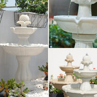 Collage of white stone fountains in various settings with plants and flowers.
