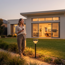 A woman stands on a garden path beside a lit outdoor solar post light in front of a modern house at dusk.