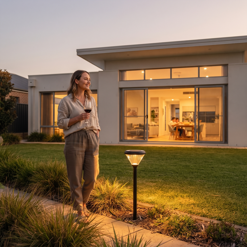 A woman stands on a garden path beside a lit outdoor solar post light in front of a modern house at dusk.