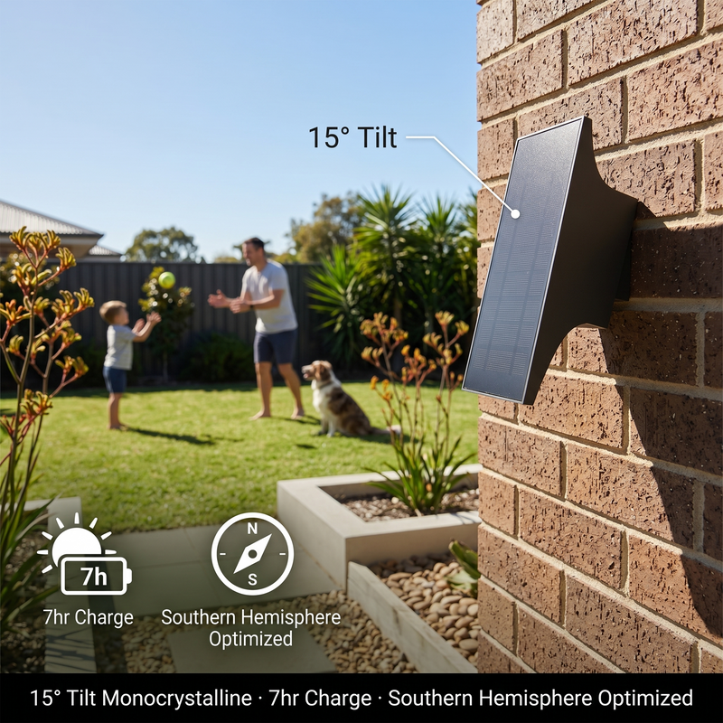Solar panel mounted on a brick wall with a family playing in the background