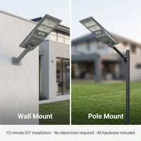 Comparison of installation methods for the OUTWAY T007 solar light, featuring easy DIY wall mounting and pole mounting options.
