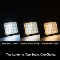 Three color modes: Cool White 6500K, Neutral 4000K, Warm 3000K — adjustable lighting for any camping or work need.