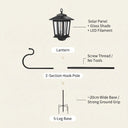Exploded view of HeritageHook assembly: top shows lantern with solar panel + glass shade + LED filament; middle illustrates 2-section hook pole with screw thread (no tools); bottom details 5-leg base (~20cm wide) for strong ground grip — highlighting tool-free, stable installation.