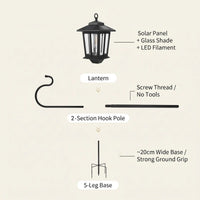 Exploded view of HeritageHook assembly: top shows lantern with solar panel + glass shade + LED filament; middle illustrates 2-section hook pole with screw thread (no tools); bottom details 5-leg base (~20cm wide) for strong ground grip — highlighting tool-free, stable installation.