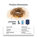 Product specs show 9.2m total length, 20 A60 globes, 2W monocrystalline solar panel, 8–10hr runtime, USB remote, and ground stake included.