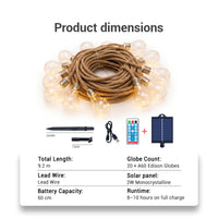 Product specs show 9.2m total length, 20 A60 globes, 2W monocrystalline solar panel, 8–10hr runtime, USB remote, and ground stake included.