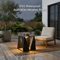 Outdoor patio setting with furniture and plants, emphasizing waterproof features.