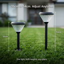 Two black solar garden lights standing on a green lawn, with overlaid height labels showing 35cm and 54cm and text stating the heights can be adjusted anytime.