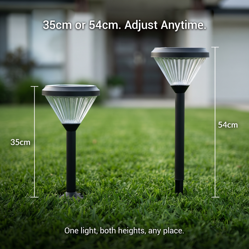 Two black solar garden lights standing on a green lawn, with overlaid height labels showing 35cm and 54cm and text stating the heights can be adjusted anytime.