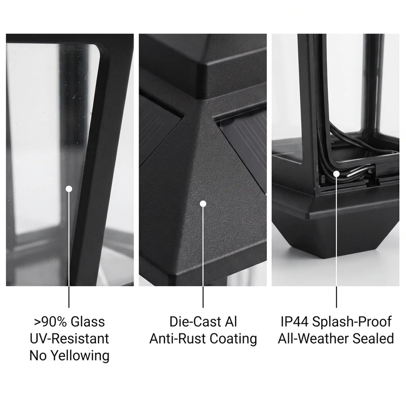 Close-up triptych of HeritagePost materials: >90% UV-resistant glass (no yellowing), die-cast aluminum anti-rust coating, and IP44 splash-proof sealed base — emphasizing durability against Australian weather conditions including rain, salt air, and UV exposure.