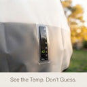 Close-up of temperature gauge showing 42°C; text below reads “See the Temp. Don’t Guess.” for safe, precise showering.