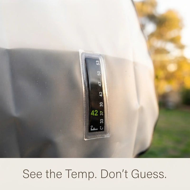 Close-up of temperature gauge showing 42°C; text below reads “See the Temp. Don’t Guess.” for safe, precise showering.