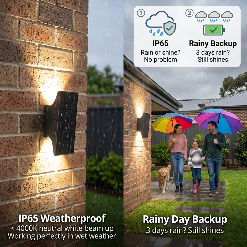 Outdoor wall light fixture on a brick wall with rain protection features displayed.