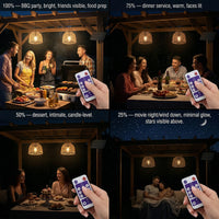 Four-scene collage showing PT0914 at different brightness levels: 100% for BBQ prep, 75% for dinner service, 50% for dessert, 25% for movie night — all controlled via remote.