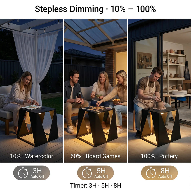 Stepless dimming demonstration with three scenes: watercolor, board games, and pottery.