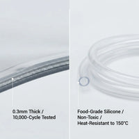 Material specs: 0.3mm thick PVC tested 10,000 cycles; food-grade silicone hose non-toxic, heat-resistant to 150°C.