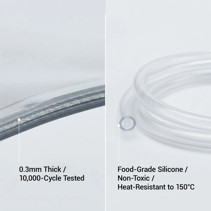 Material specs: 0.3mm thick PVC tested 10,000 cycles; food-grade silicone hose non-toxic, heat-resistant to 150°C.