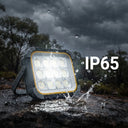 IP65 waterproof rating shown as rain hits SolarFlex Pro on rock; dustproof and storm-ready for Australian conditions.