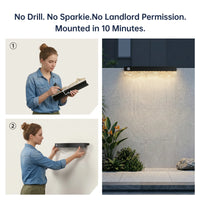 Outway Solar Wall Light drill-free installation – woman applying Fix-All adhesive to aluminium alloy back (step 1), pressing the wall light onto exterior wall (step 2), finished warm white result