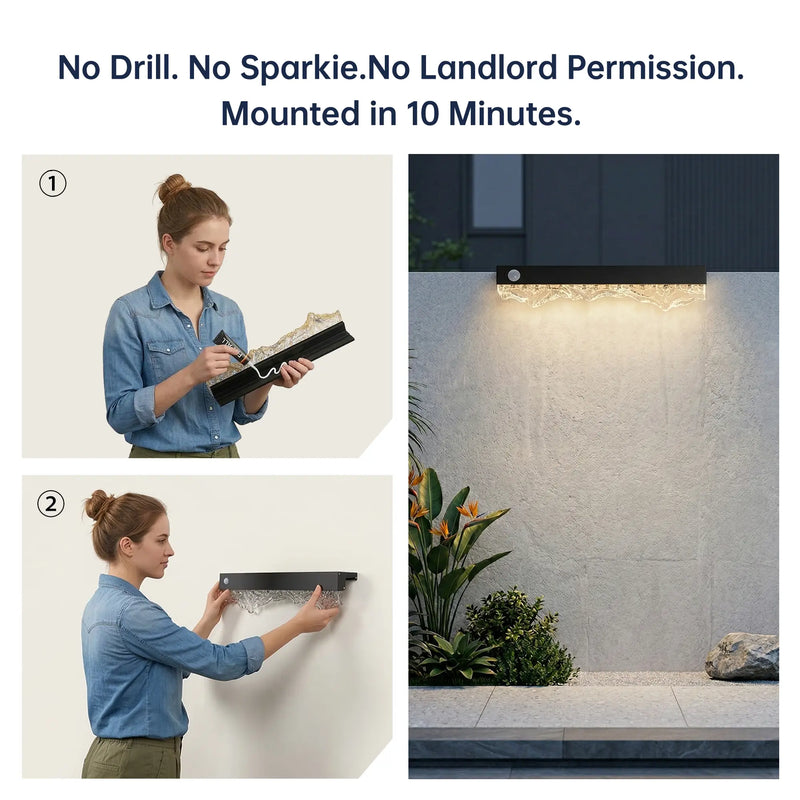 Outway Solar Wall Light drill-free installation – woman applying Fix-All adhesive to aluminium alloy back (step 1), pressing the wall light onto exterior wall (step 2), finished warm white result