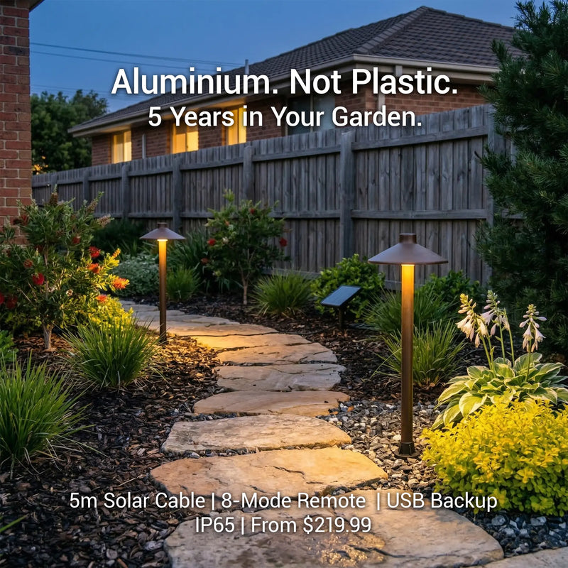 PT0609 Solar Mushroom Pathway Light aluminium not plastic 5 years garden pathway night 5m solar cable 8-mode remote USB backup IP65