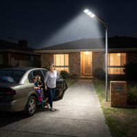 A woman stands by an open car door on a suburban driveway at night, with a bright solar-powered street light illuminating the path toward a brick house. Two children are seated in the car passenger area.