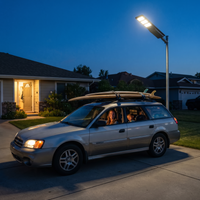 A silver station wagon parked on a suburban driveway at dusk, with surfboards strapped to the roof rack and a tall street light illuminating the scene. Two people are visible through the windows.