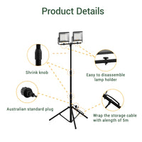 LED worklight stand with features highlighted on a white background