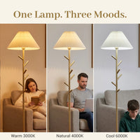 One lamp three moods: Warm 3000K for reading, Natural 4000K for working, Cool 6000K for studying, adjustable LED floor lamp with pleated shade and coat rack, versatile home lighting
