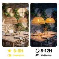 Two images of outdoor dining setup with wicker lamps, one during the day and one at night, showing charging and working times.