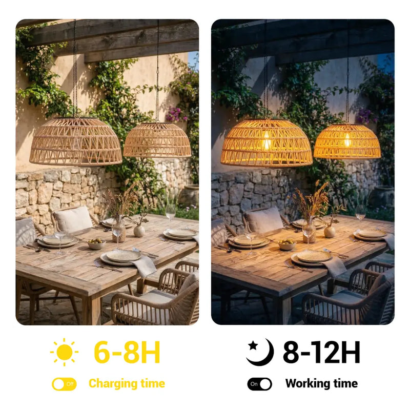 Two images of outdoor dining setup with wicker lamps, one during the day and one at night, showing charging and working times.
