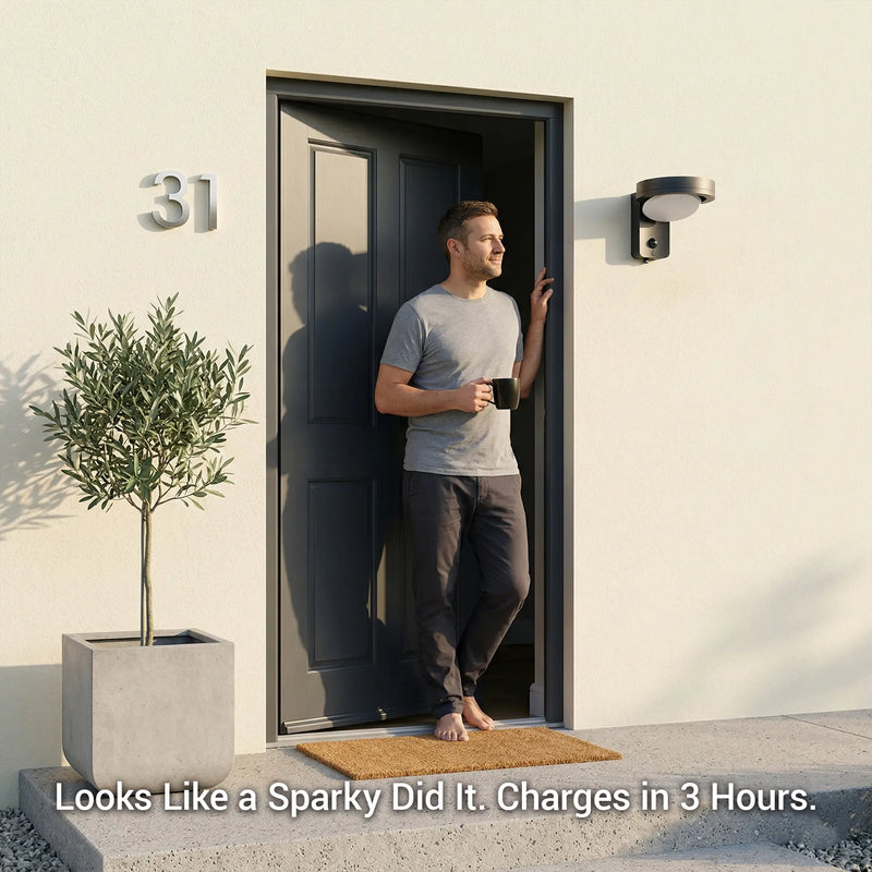 Man with coffee standing at front door number 31 with Serra solar wall light installed beside entrance, text: Looks Like a Sparky Did It. Charges in 3 Hours.