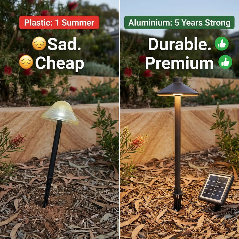 PT0609 Solar Mushroom Pathway Light plastic competitor yellowed cracked vs aluminium durable premium garden Australian native plants comparison