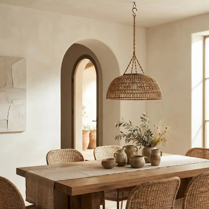 A woven wicker pendant light hangs over a rustic wooden dining table in a warm, neutral-toned dining room with wicker chairs and ceramic vessels.