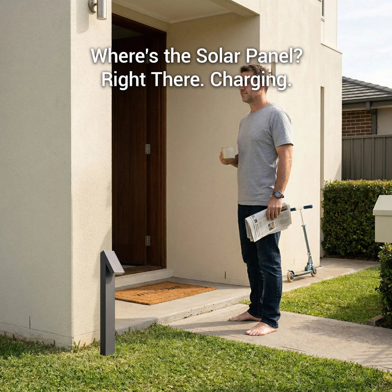 A man holding a coffee and newspaper stands barefoot at his front door beside a Rivix PT0723 solar bollard charging in daylight, with overlay text reading "Where's the Solar Panel? Right There. Charging."