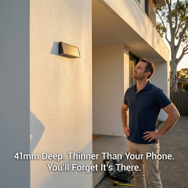 Man standing outside a house with a security camera on the wall, text overlay about camera depth and thickness.