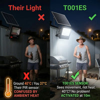 Side-by-side comparison: left shows a man in dark backyard under a 300W competitor light with PIR sensor confused by 40°C ambient heat; right shows same man smiling under bright T001ES light activated at 10m. Text explains microwave sensor vs PIR sensor advantage in Australian summer heat.