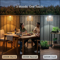 A triptych showing the PT0908 Floor Lamp next to an outdoor dining table in three color temperature modes: 3000K warm light for a romantic dinner, 4000K neutral light for everyday meals, and 6000K cool light for bright illumination, demonstrating the '3 Moods. One Touch.' smart dimming function.