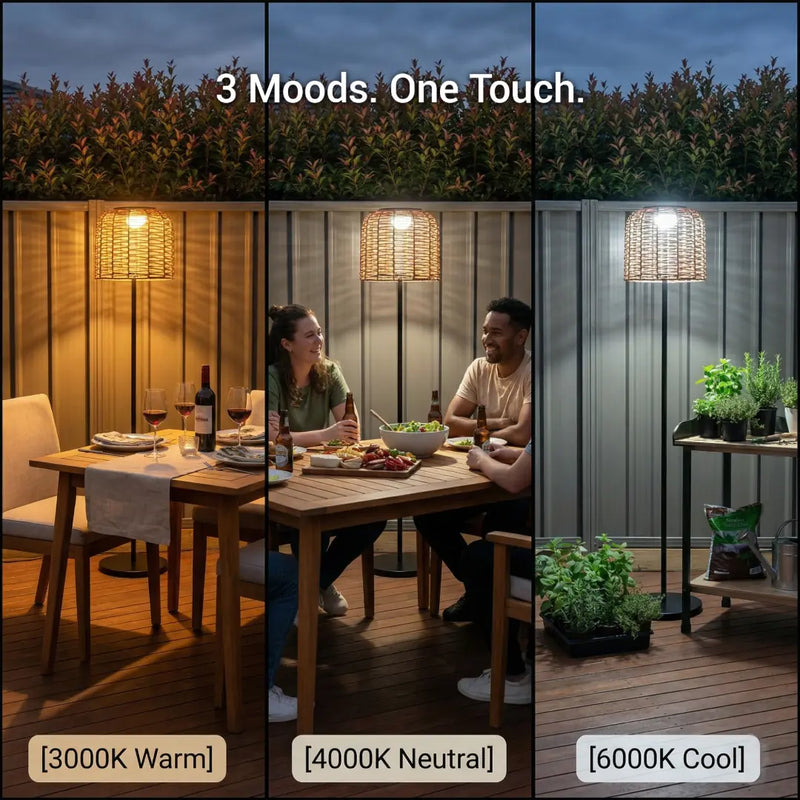 A triptych showing the PT0908 Floor Lamp next to an outdoor dining table in three color temperature modes: 3000K warm light for a romantic dinner, 4000K neutral light for everyday meals, and 6000K cool light for bright illumination, demonstrating the '3 Moods. One Touch.' smart dimming function.