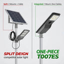 Side-by-side comparison: split solar light (left) with 2 mounts and external cable vs Outway T007ES one-piece integrated design (right) with 1 mount and zero cables. Highlights T007ES's key USP — all-in-one body combining light, solar panel and LiFePO4 battery.