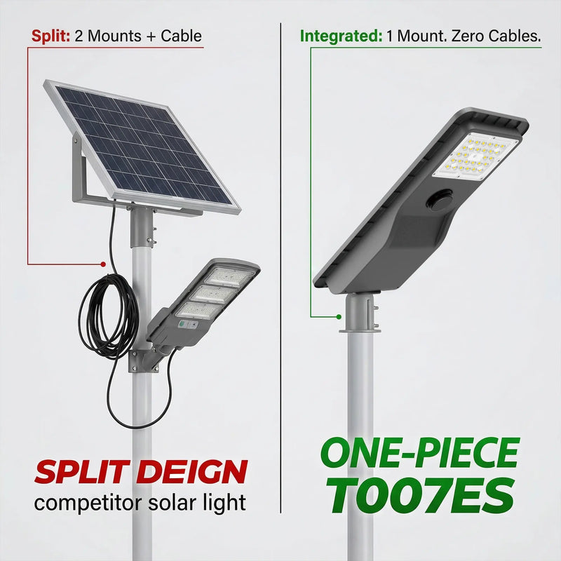 Side-by-side comparison: split solar light (left) with 2 mounts and external cable vs Outway T007ES one-piece integrated design (right) with 1 mount and zero cables. Highlights T007ES's key USP — all-in-one body combining light, solar panel and LiFePO4 battery.