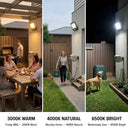 Side-by-side comparison: competitor floodlight with severely fogged, rust-stained glass after one winter on the left; E027EI Voro with crystal-clear glass and breather valve callout on the right