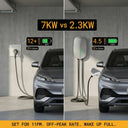 Comparison infographic showing Outway EV05 7kW charger fills battery in 4.5 hours versus 12+ hours for a standard 2.3kW socket.